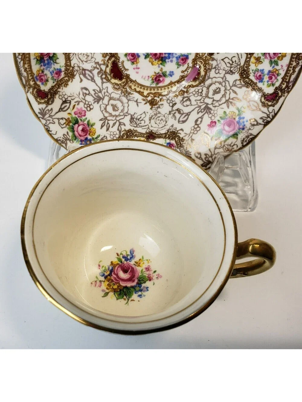 Vintage James Kent Demitasse Teacup & Saucer Pompadour England Gold Floral